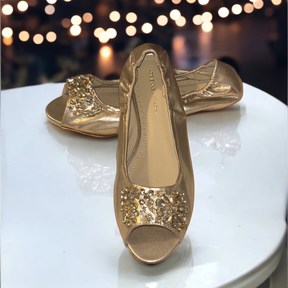 ADRIENNE Vittadini Kody Shoes Gold Metallic and Rhinestone Peep Toe Wedge Size 9